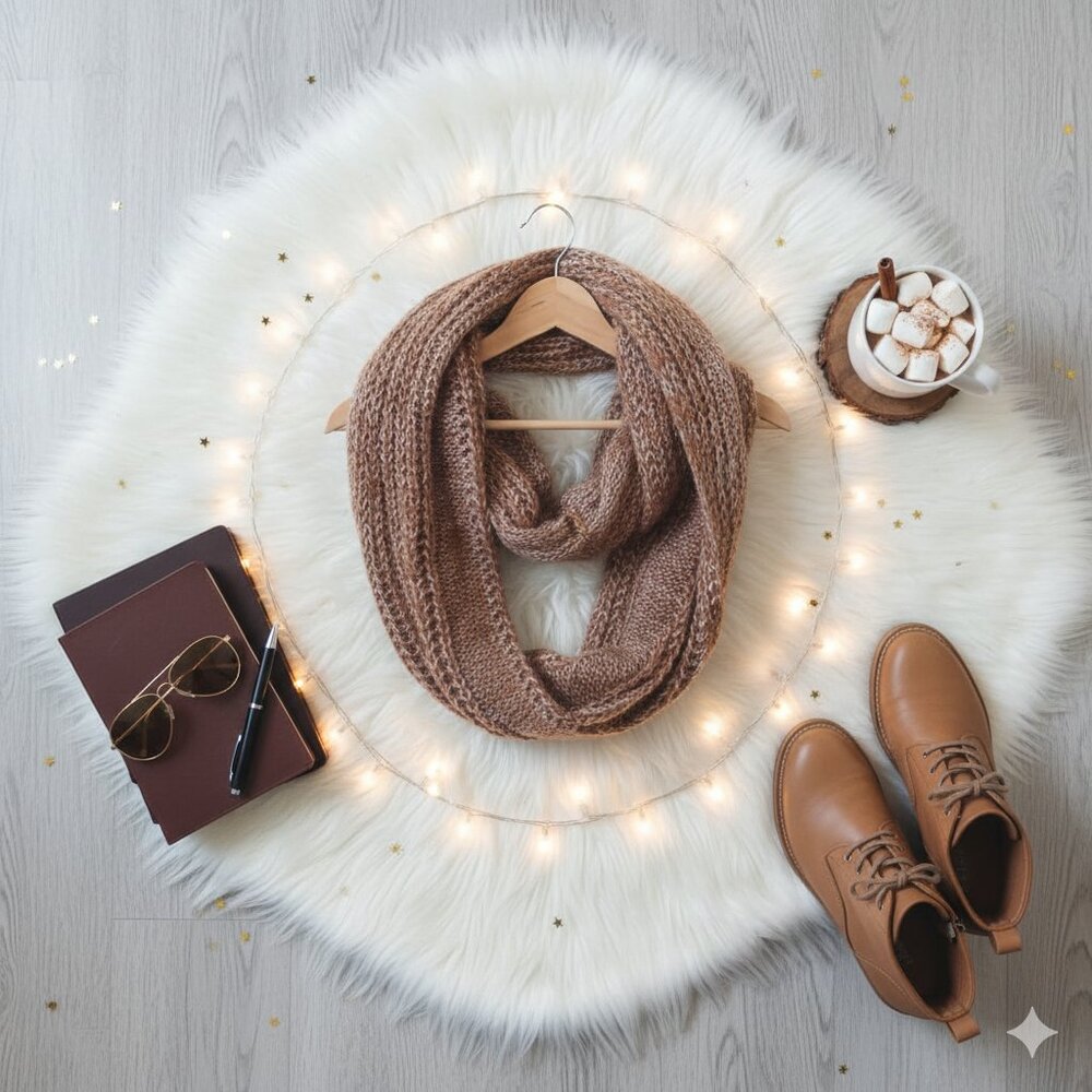 Cozy Brown Knit Infinity Scarf – Chunky Soft Winter Loop Scarf | Boho Neutral